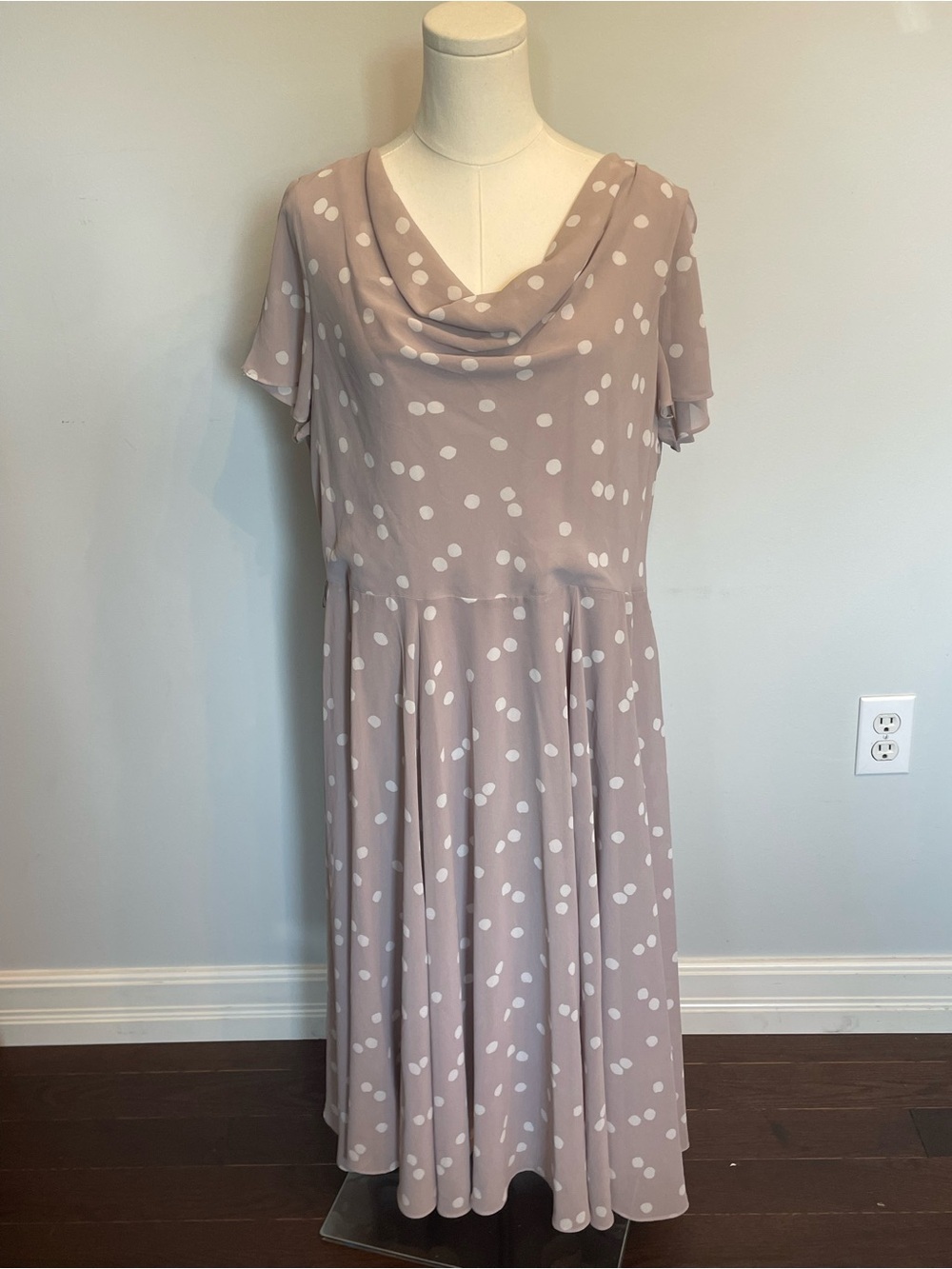 Jacques Vert Collection Polka Dot Cowl Neck Midi Dress in Dusty Mauve